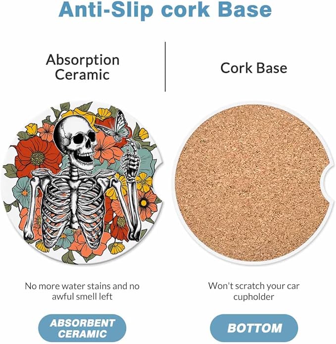 Skeleton Wildflower Car Cup Holder Coaster 2 Pack Absorbent Ceramic Car Coasters for Cup Holders Car Accessories Interior for Women Men Universal Anti Slip Cork Base Cup Coasters with Finger Notch