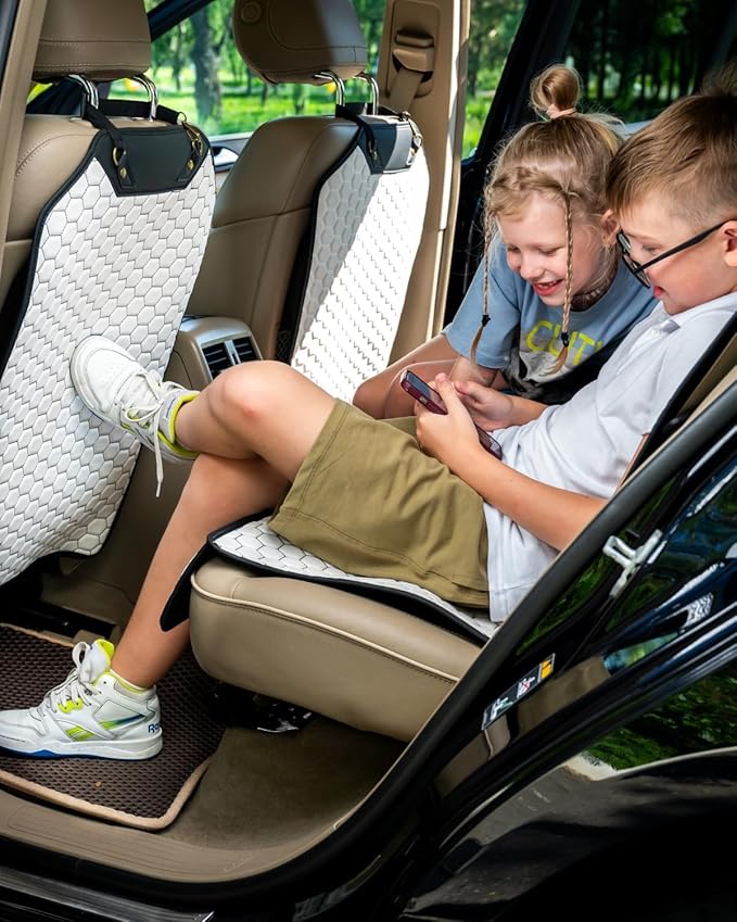 Owleys Kick Mat Back Seat Protector - Car Back Seat Cover for Kids Feet - Waterproof & Sturdy Protector for Upholstery from Dirt, Mud, Scratches and Stain (White Set)