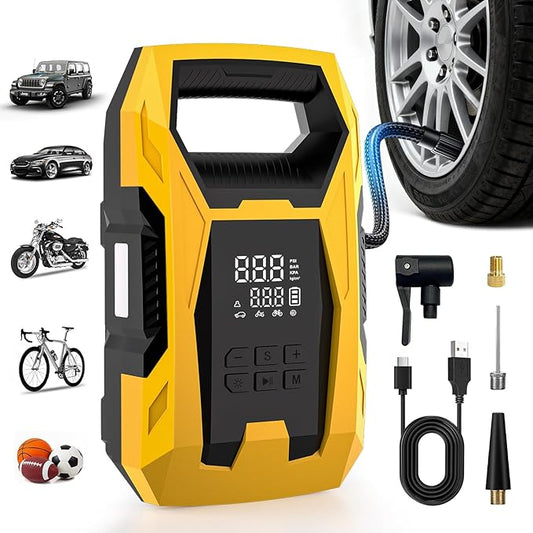 CARSUN Cordless Tire Inflator Portable Air Compressor, 150 PSI Air Compressor for Car Tires, Portable Tire Inflator with Digital Dual Values Display, Tire Pump for Car, Bike, Motorcycle, Ball
