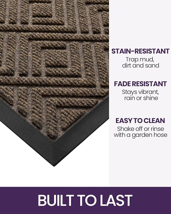 DEXI Front Door Mat Outside Entrance, Heavy Duty Rubber Backed Doormat, Stain and Fade Resistant, Low-Profile Easy Clean Entryway Floor Mats, 32x48, Checkered Brown