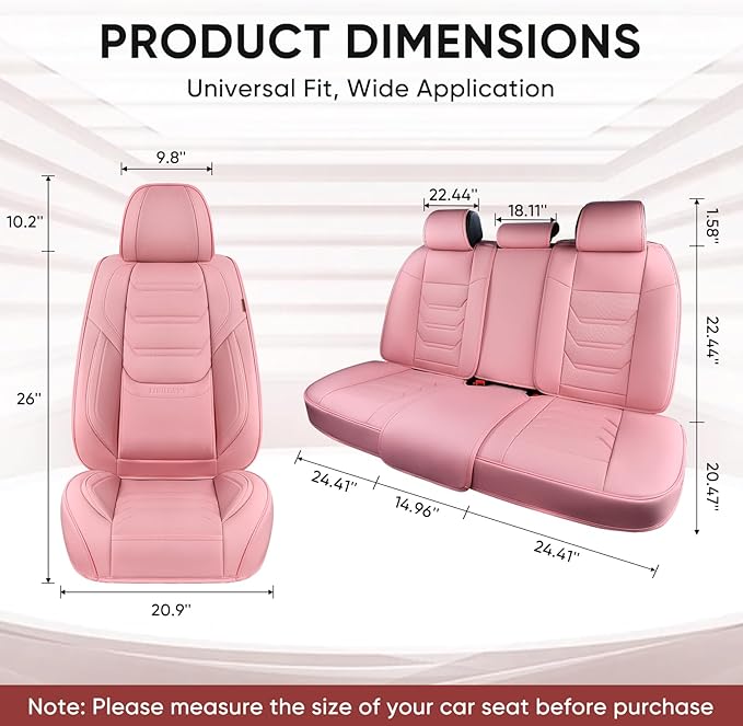 Pink Car Seat Covers Full Set, Breathable Leather Automotive Front and Rear Seat Covers with Headrest, Waterproof Auto Seat Protectors Fit for Most Sedans SUV Pick-up Truck