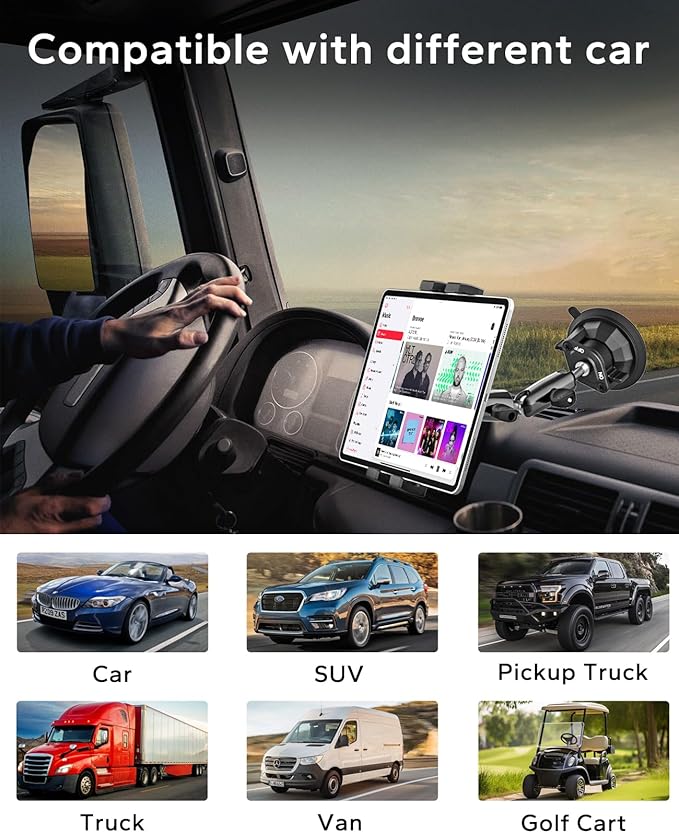 GDZN Car/Truck Heavy Duty Tablet Holder Mount [Shockproof Suction Cup] Windshield Dashboard Sunroof Tablet Mount for Truck/Car/Pickup, Metal Arm iPad Holder for Fits 4.7-13" iPad Pro Air Mini, iPhone