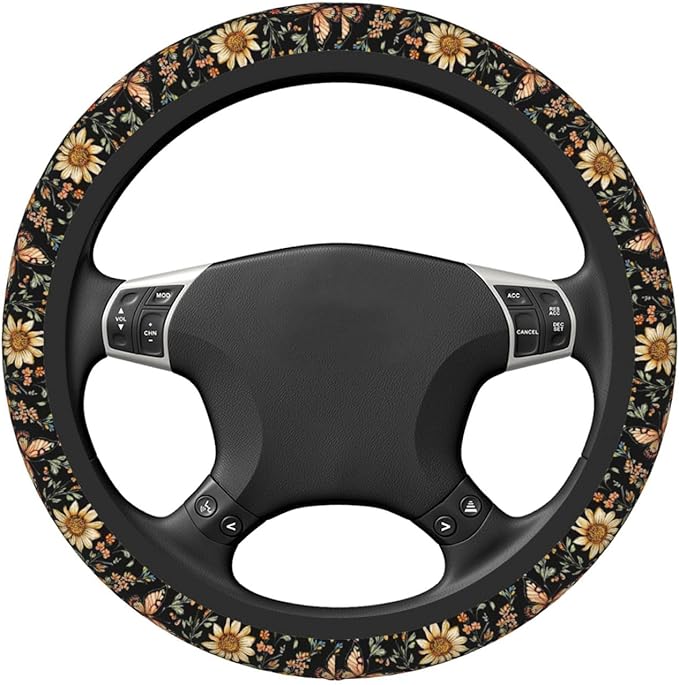 Flowers Colorful Butterflies Steering Wheel Cover for Women Girls, 15 Inches Anti-Slip Steering Wheel Cover for Auto Truck SUV