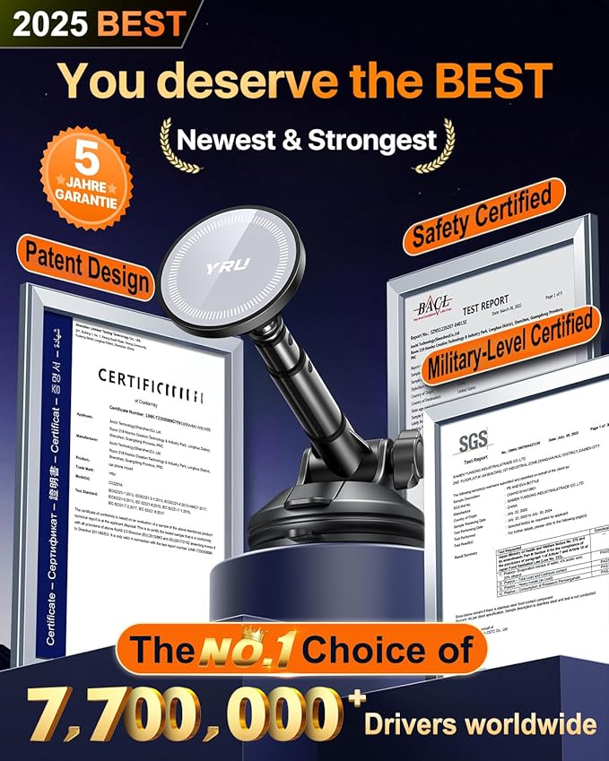 YRU [2025 Upgraded Magnetic Phone Holder for Car【Patented & Super Magnet】 for MagSafe Car Mount Dashboard Magnet Phone Holder Windshield Phone Stand for iPhone 17 16 15 14 13 12 Pro Max Samsung, Grey