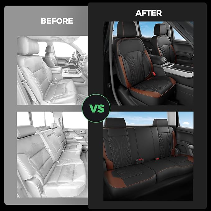 for Chevy Silverado GMC Sierra Waterproof Seat Covers, Crew Cab 1500 2014-2018, 2500HD 3500 HD 2015-2019, Truck Protectors Accessories Full Set, Black Brown