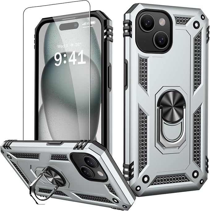IKAZZ for iPhone 14 Plus Case 6.7 Inch with Screen Protector,Military Grade Shockproof Heavy Duty Protective Phone Cover Pass 16ft Drop Test with Magnetic Kickstand Car Mount Holder,Silver