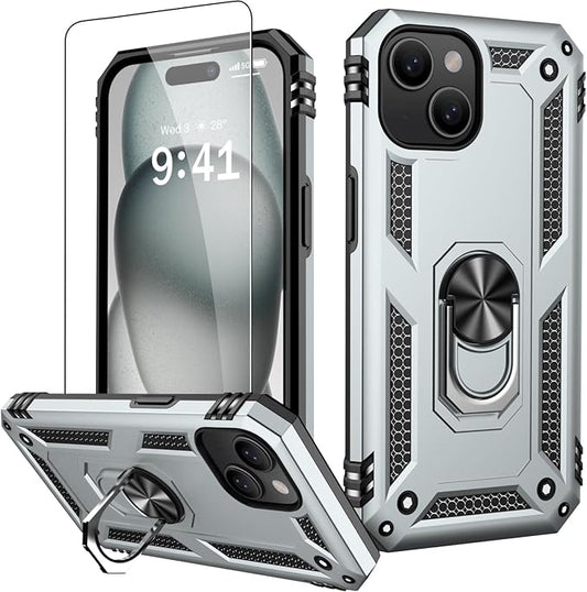 IKAZZ for iPhone 14 Plus Case 6.7 Inch with Screen Protector,Military Grade Shockproof Heavy Duty Protective Phone Cover Pass 16ft Drop Test with Magnetic Kickstand Car Mount Holder,Silver