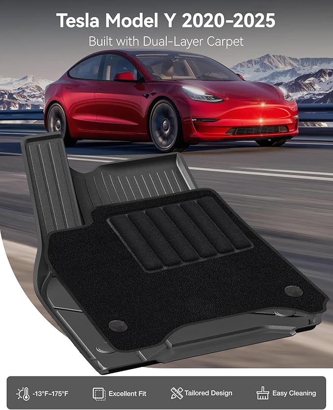 3W Floor Mats with Front Carpet on TOP Fit for Tesla Model Y 2020-2024, 2025 All-Weather TPE Full Set Floor Liners and Cargo Liner Mats Accessories Custom Fit for Model Y 5-Seat(Not for Juniper)