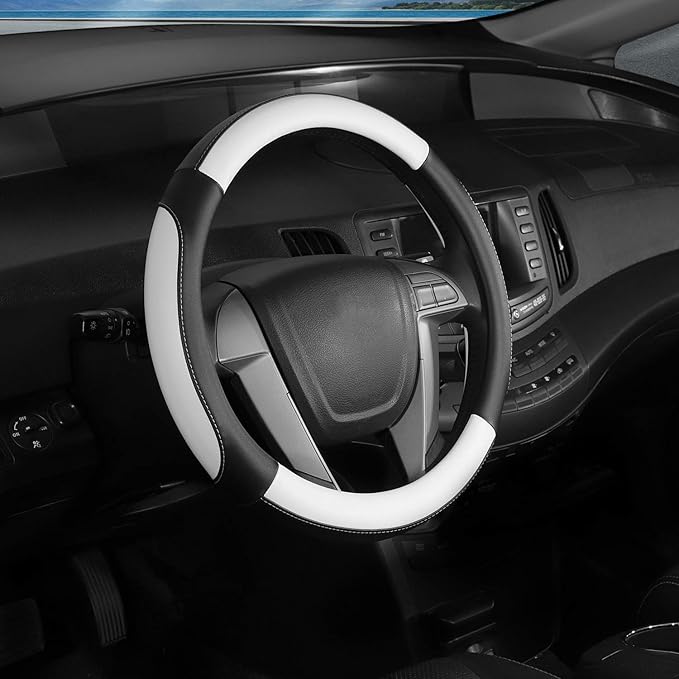 SEG Direct Car Steering Wheel Cover Small Size for Prius Civic Model 3 Model Y Camaro Rogue with 14-14 1/4 inches Outer Diameter, Black and White Mirofiber Leather