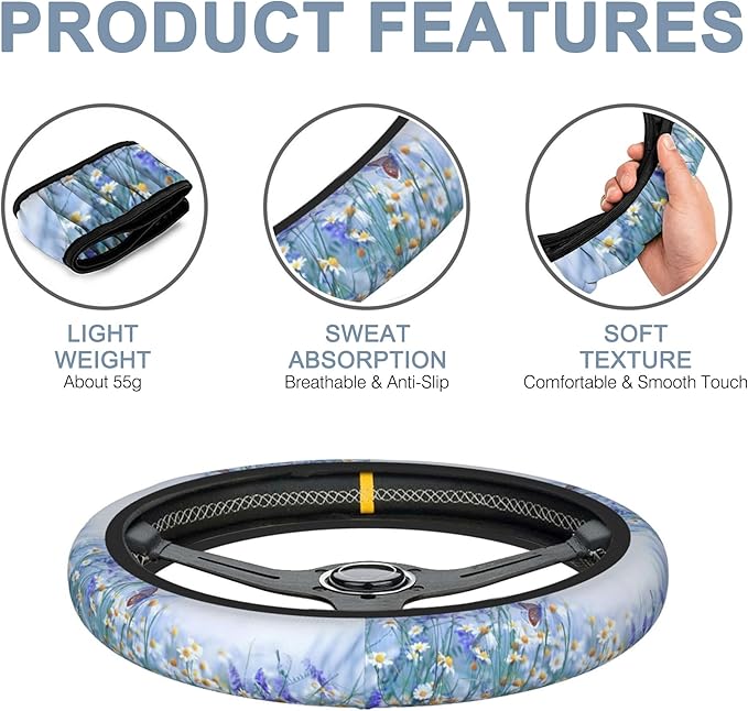 White Daisy Flowers and Butterfly Car Steering Wheel Cover for Women Men with 2 Pcs Car Coasters,Universal 15 Inch Steering Wheel Covers Anti-Slip and Practical Auto Accessories Fit Auto,Suvs