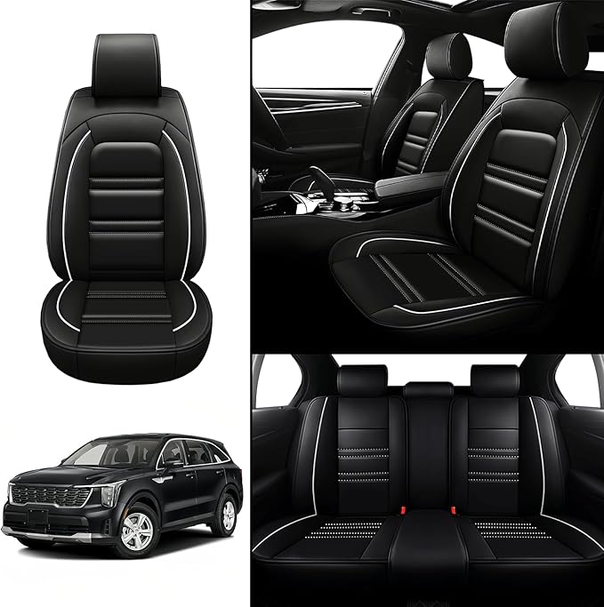 Seat Covers for kia Sorento 2003-2025 | 5-Seats Leather Seat Covers, Easy to Install Automotive Seat Covers Full Set (Full Set, Black&White Line)