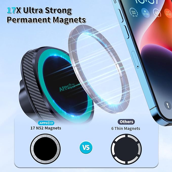 APPS2Car for MagSafe Car Mount, Magnetic Phone Holder for Dashboard Windshield iPhone Car Holder Compatible with iPhone 15 14 13 12 Pro Plus Max Mini MagSafe Mount, 17 Strong Magnets, Green