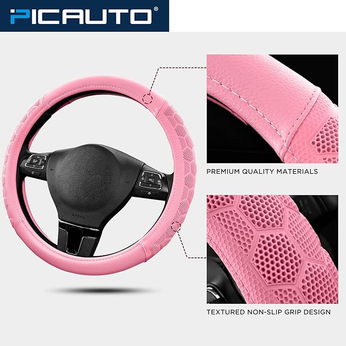 PIC AUTO Massage Steering Wheel Cover, Pink Football Pattern Material Spliced & Pink Leather Car Steering Wheel Cover, Car Steering Cover, Universal Fit 14.5"-15.5" for Cars, Trucks, Van, SUVs