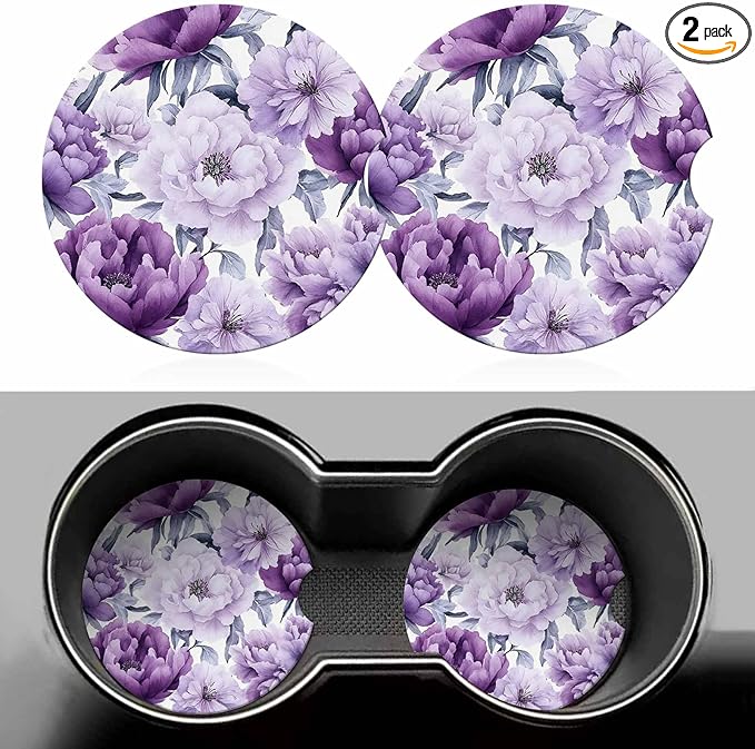 Purple Flower Car Coasters for Cup Holders Car Cup Holder Coasters 2 Pack for Car, Anti Slip Ceramic Car Cup Mat with Finger Notch Cute Car Interior Accessories for Women Men