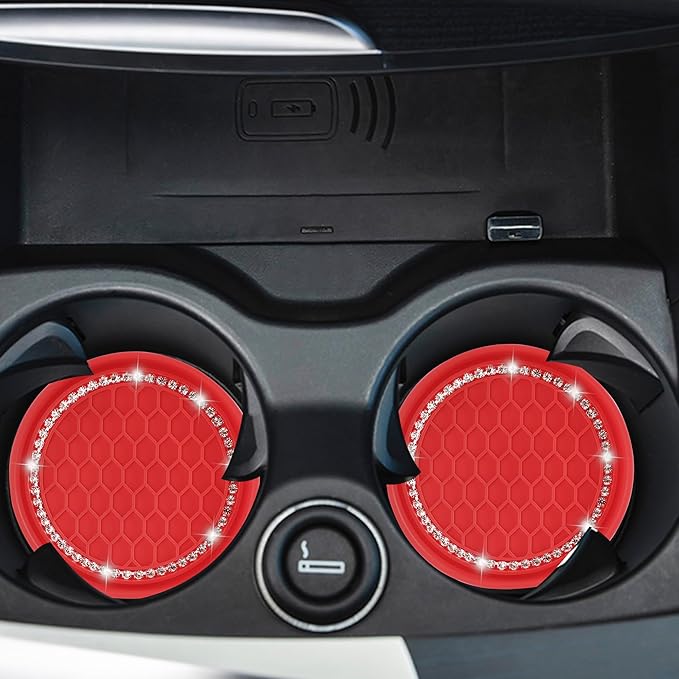 Amooca Car Cup Coaster 4 Pack Universal Non-Slip Cup Holders Insert Coasters Bling Crystal Rhinestone Car Interior Accessories Red Grid