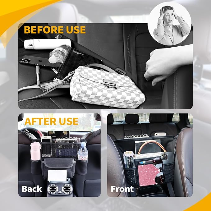 Pink Diamond Car Handbag Holder Between Seats Bling Rhinestone Car Storage Bag Large Capacity Purse Phone Ipad Automotive Consoles Organizer Safe Barrier of Backseat Pet Kids…