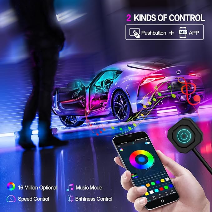 Dreamcolor Acrylic Interior Car Light 10 in 1 Automotive Ambient Light Kits with APP Control 16 Million Color 175 inches Fiber Optic Car LED Strip Light, RGB Music Sync Sound Activated Neon Car Light