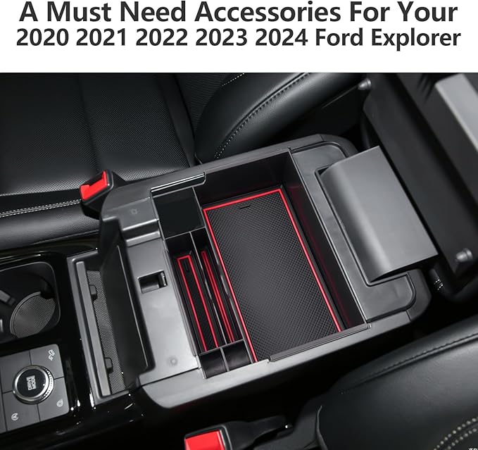 LUWU for Ford Explorer Accessories Center Console Organizer 2020-2024 Ford Explorer XLT/Limited/Active/ST-Line/ST/Platinum Armrest Organizer Insert Tray Ford Explorer Armrest Console Organizer (Red)