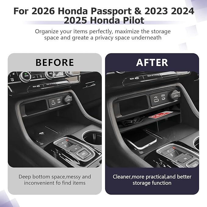 LUWU 2026 Passport Center Console Organizer Compatible with 2023 2024 2025 Pilot & 2026 Passport Interior Accessories Armrest Storage Box Tray Organizer Insert Tray 2025 Pilot Accessories Black