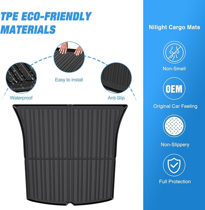 Nilight Cargo Mats for Tesla Model Y 5 Seat 2020 2021 2022 2023 2024 2025 All Weather Protection Heavy Duty Cargo Liners