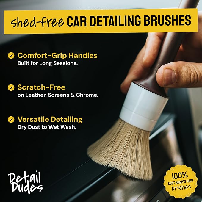 Soft Boar Hair Car Detailing Brush Set - 3-Pack, Brown - Car Detailing Kit for Versatile Uses - Soft Bristles Cleaning Brush - Water-Resistant Handles