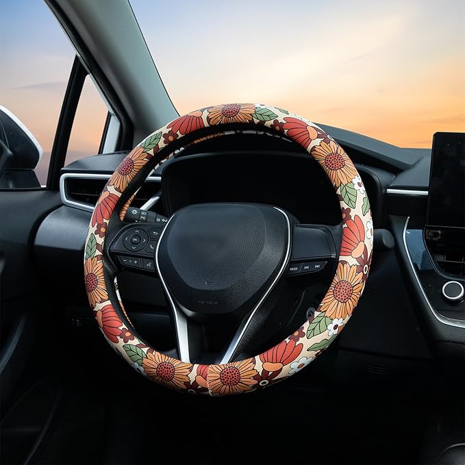Sunflower Retro Steering Wheel Cover Auto Jacquard Steering Wheel Protector, Anti-Slip, Breathable, Absorbing Sweat, Universal Car Accessories 14.5–15 inch,Fit for Most Car, Trucks, SUV