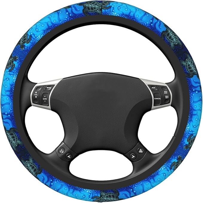 Watercolor Blue Sea Turtle Car Steering Wheel Cover Universal Fit 15 Inch, Anti-Slip Breathable Sweat Absorption Neoprene Steering Wheel Protector for Women Men