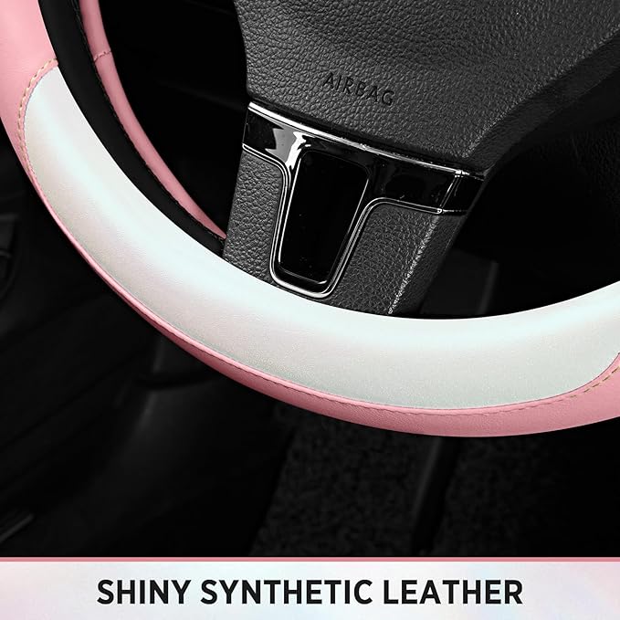 Road Comforts Steering Wheel Cover – Breathable Leather Steering Wheel Cover, Anti-Slip Grip, Universal Fit 14.5” to 15”, Heat & Cold Resistant for Cars, SUVs, and Trucks –Shining White & Pink
