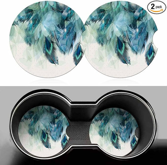 Peacock Feather Car Coasters for Cup Holders Elegance Birds Wings Car Cup Holder Coasters 2 Pack for Car, Anti Slip Ceramic Car Cup Mat with Finger Notch Cute Car Interior Accessories for Women Men