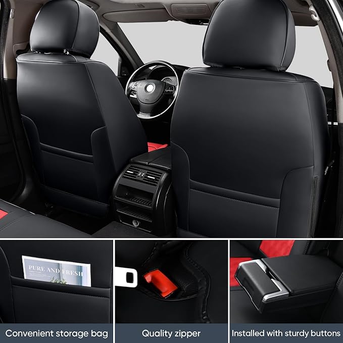 Auto Car Seat Covers Accessories Full Set Leather Cushion Protector Breathable Waterproof Seat Cover for Cars Universal Fit (Black&Red, Full Set Without Headrest)