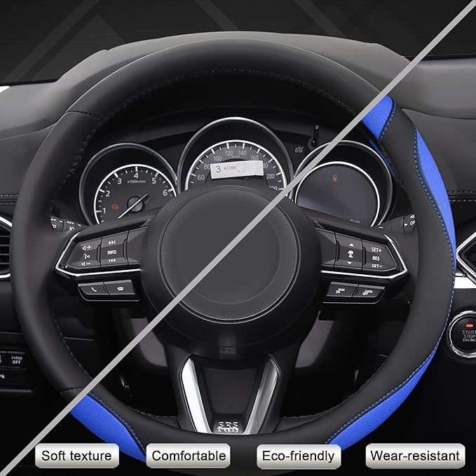 West Llama Microfiber Leather Car Steering Wheel Cover Universal Fit 15-15.5 inch SUV,Sedan,Car,Trucks(Black+Blue-M-Large Size)