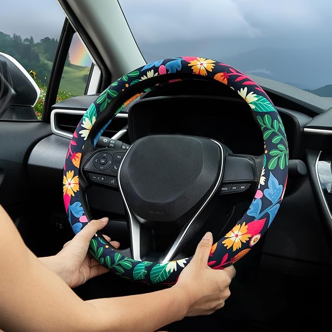 Strawberry Colorful Floral Steering Wheel Cover Auto Steering Wheel Protector, Anti-Slip, Breathable, Absorbing Sweat, Universal Floral Car Accessories 14.5–15 inch