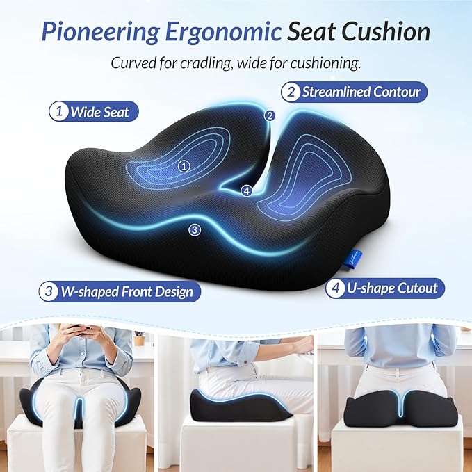 ZIKEE Pioneering Seat Cushion for Pressure Relief, Ergonomic Office Chair Cushion for Sciatica, Back, Hemorrhoids & Tailbone Pain Relief, High-Density Memory Foam Car Seat Cushion with Anti-Slip Base