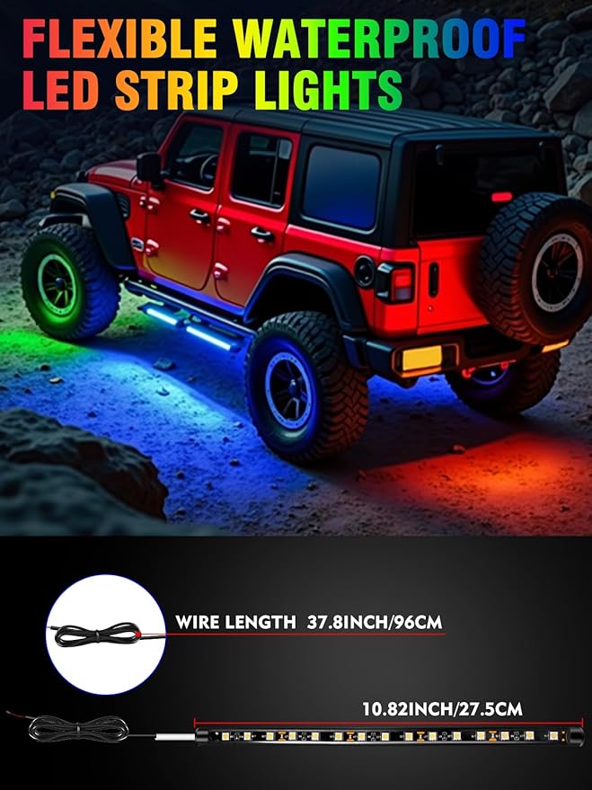 8 Pcs Car Led Light Strip IP67 Waterproof 11" Flexible Led Lights Underglow 12V for Car Motorcycle Boat Golf Cart Interior Exterior Decoration - Green, Blue, Red, White