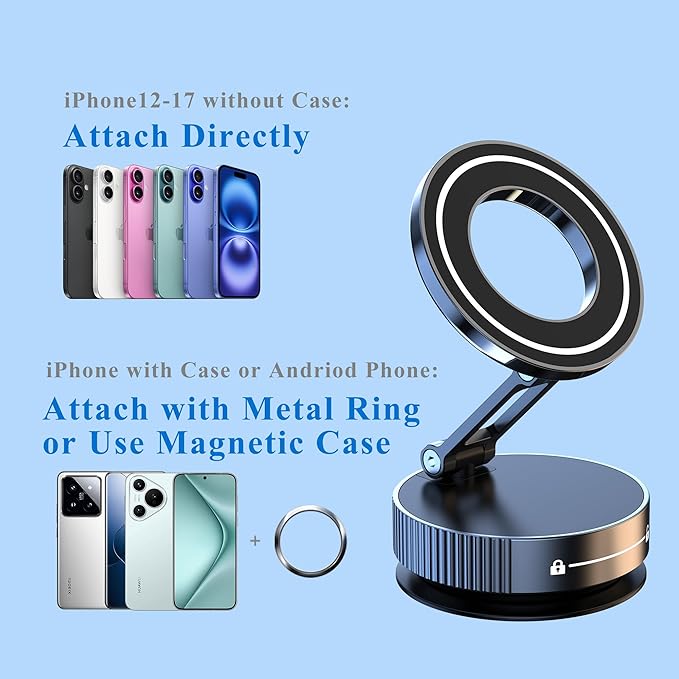 Vacuum Magnetic Phone Holder for Car,Full Metal Body,Vacuum Suction Phone Mount,Magsafe Car Mount for iPhone, Folding Holder for iPhone and Android