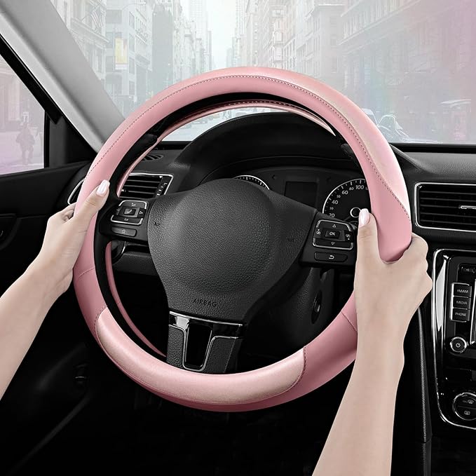 Road Comforts Steering Wheel Cover – Breathable Leather Steering Wheel Cover, Anti-Slip Grip, Universal Fit 14.5” to 15”, Heat & Cold Resistant for Cars, SUVs, and Trucks – Shining Pink & Pink