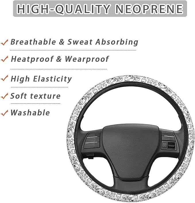 White and Black Hand Drawn Cartoon Dogs Steering Wheel Covers Anti-Slip Elasticity Car Accessories Steering Wheel Protector Universal 15 Inch for Cars SUV Vehicle Truck