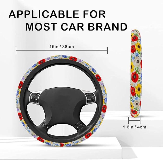 Personalized Retro Flowers Floral Steering Wheel Cover, Non-Slip Breathable Neoprene Elastic Stretch Universal Car Accessories 14.5–15 inch
