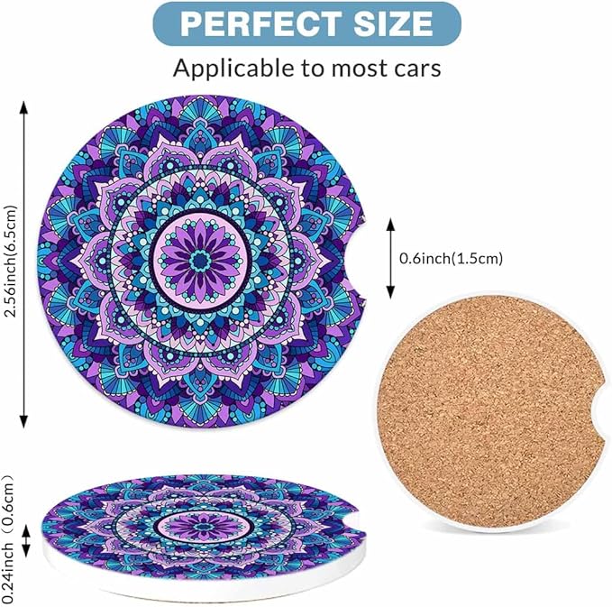 Purple Mandala 2 Pack Car Cup Holder Coaster Abstract Flower Pattern Anti Slip Insert Absorbent Ceramic Car Coaster with Cork Base and Finger Notch Cute Car Accessories Interior for Women Men