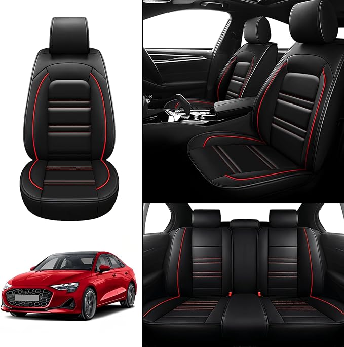 Seat Covers for Audi a3 2006-2025 | 5-Seats Leather Seat Covers, Easy to Install Automotive Seat Covers Full Set (Full Set, Black&Red Line)