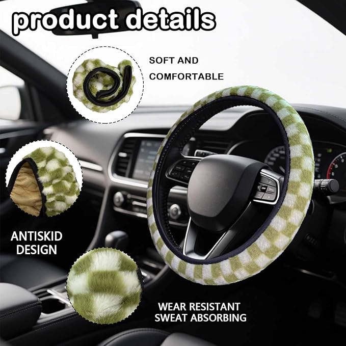 Green and White Checkered Fuzzy Steering Wheel Cover for Women, Universal Auto Steering Wheel 14-15 Inch Soft Warm Car Interior Accessories with 2PCS Car Coasters, Suitable for Men and Women