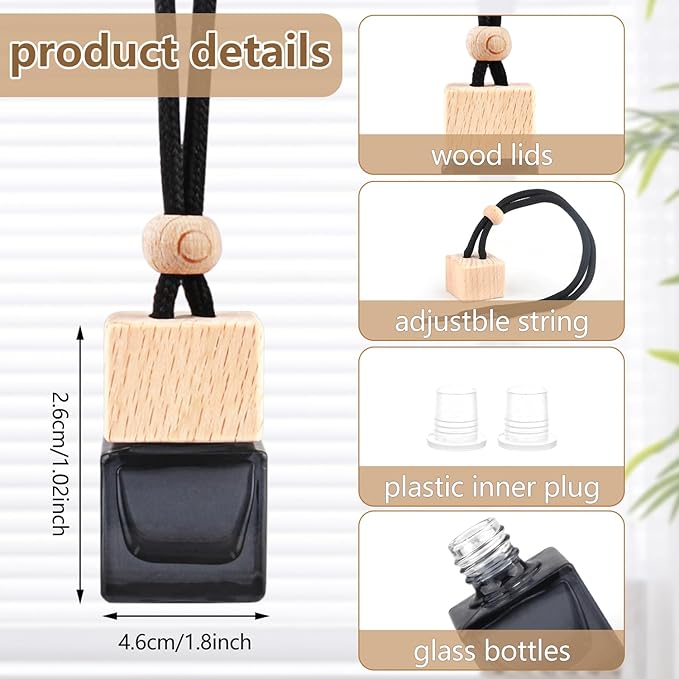 15 Pcs Hanging Car Air Freshener Bottle Empty Car Essential Oil Diffuser Bottles Pendant Black Glass Perfume Bottles Aromatherapy Fragrance Bottle Auto Ornaments Decor