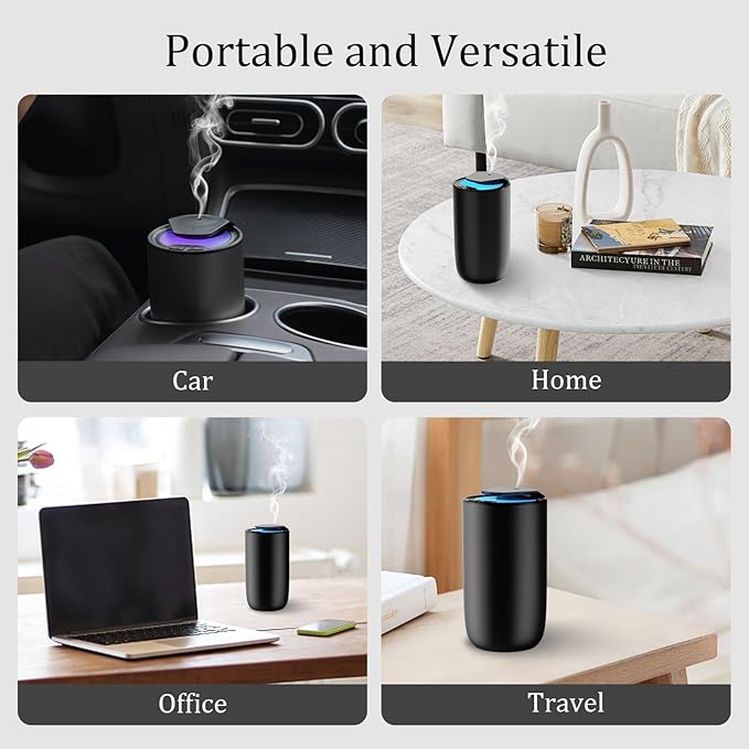 Waterless Diffuser for Essential Oil, Battery Operated Mini Fragrance Scent Air Machine, 3-Color Ambient Night Light, Aluminum, 0.51 Oz/15mL, 3 Countdown Timers & 3 Mist Levels for Home, Car, Titanium