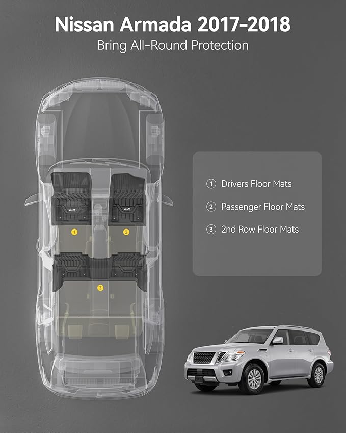 3W Floor Mats Fit for Nissan Armada 2017 2018 / Infiniti QX80 2014-2018 / Infiniti QX56 2011-2013, All Weather TPE Custom Fit Car Accessories 1st and 2nd Row Full Set Car Mats, Black