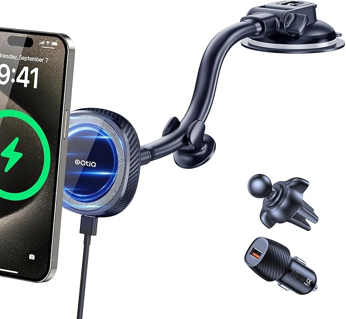 OQTIQ for MagSafe Car Charger, Magnetic Wireless Car Charger Compatible with iPhone 17 16 15 14 13 12 Series, 15W Fast Charging Car Phone Mount for Windshield Dashboard Air Vent [with PD 30W Adaptor]