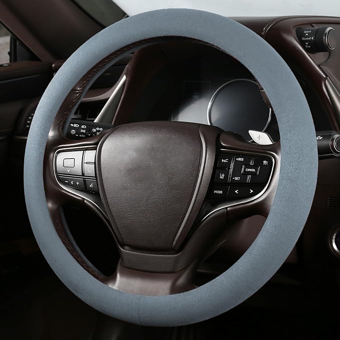Suede Steering Wheel Cover with Upgraded Silicone Inner Ring, Anti Heat, Breathable, Anti-Slip, Leather Universal 14.5 to 15 inch Steering Wheel Cover (Pure Blue)