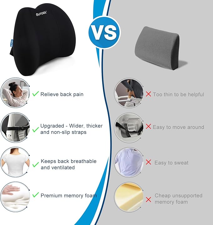 QUTOOL Lumbar Support Pillow for Office Chair, Memory Foam Low Back Support,Back Pain Relief, Ergonomic Back Cushion for Desk Chair,Gaming Chair,Adjustable Strap and Washable Cover