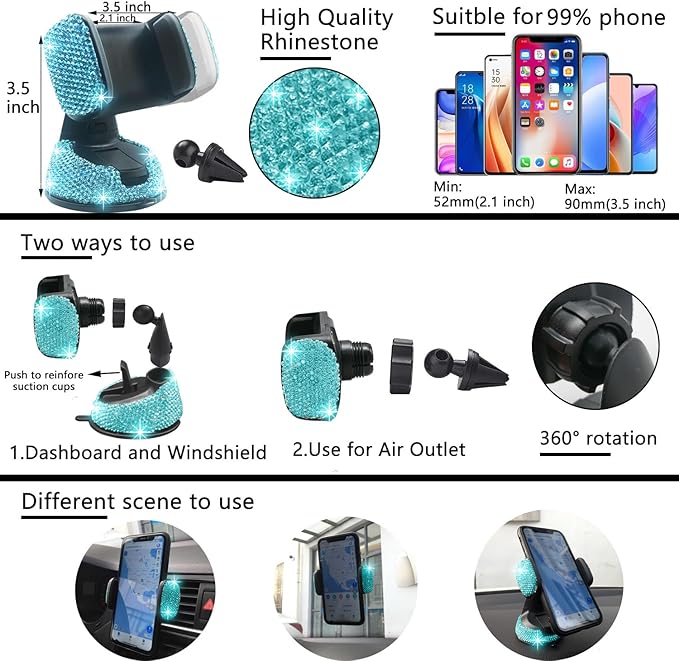 NBTEPEM 27 PCs Aquamrine Bling Car Accessories Set for Women, Steering Wheel Covers Universal Fit 15 Inch, Bling License Plate Frame, Bling Phone Holder, Bling Car Coasters (Aquamrine Diamond)