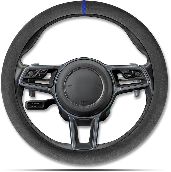 Alcantara Sports Steering Wheel Cover 14.5" to 15" Fit - Anti-Slip Comfort Grip, Durable Soft Suede-Feel Luxury Material for Men Drivers | Fits Sports Cars, Luxury Cars, Sedans, SUVs and EV