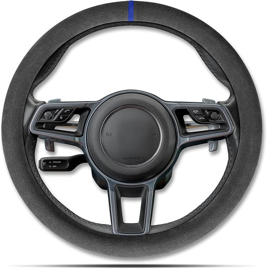 Alcantara Sports Steering Wheel Cover 14.5" to 15" Fit - Anti-Slip Comfort Grip, Durable Soft Suede-Feel Luxury Material for Men Drivers | Fits Sports Cars, Luxury Cars, Sedans, SUVs and EV